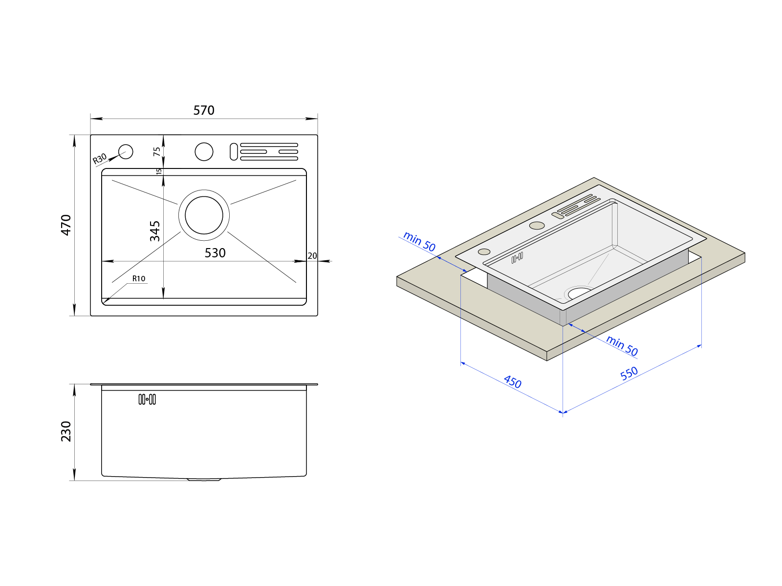 Кухненска мивка черна от неръждаема стомана 1.5 мм надплотна многофункционална Nett NB-5747