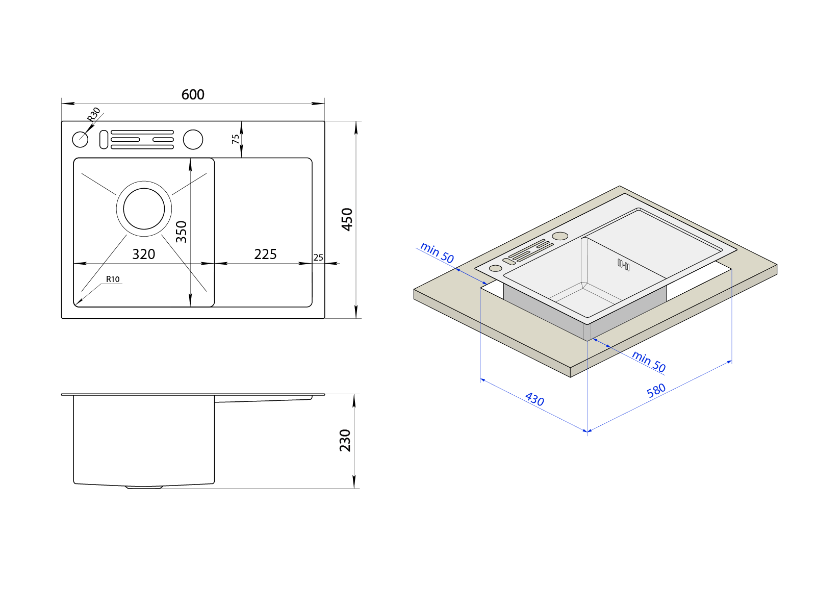 Черна кухненска мивка с ляво крило Nett NB-6045(L)
